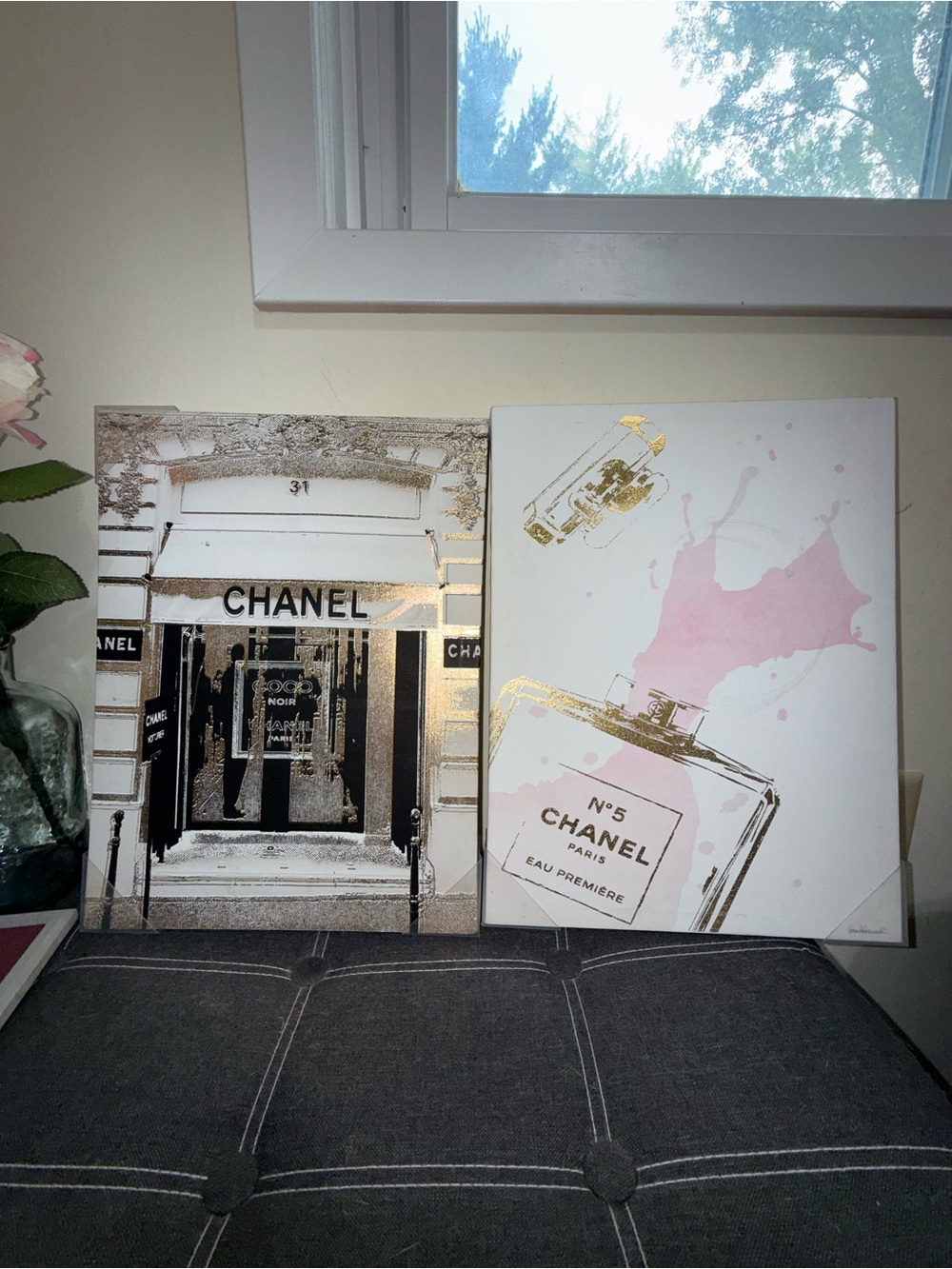 CHANEL 2pc Canvas Print Wall Art Fashion No. 5 Bottle Black White Gold 11x15